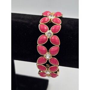 Gold Tone Hot Pink Faceted Stone Stretch Bracelet Clear Rhinestone Accents